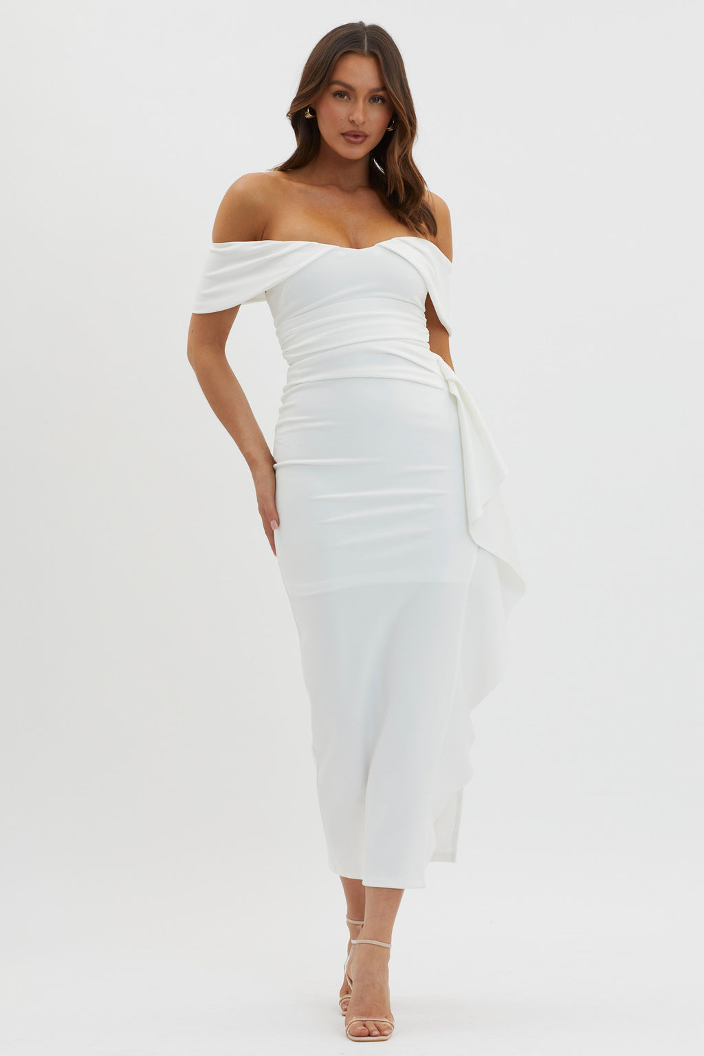 Lillianne Off-Shoulder Side Ruffle Maxi Dress White by Selfie Leslie Australia