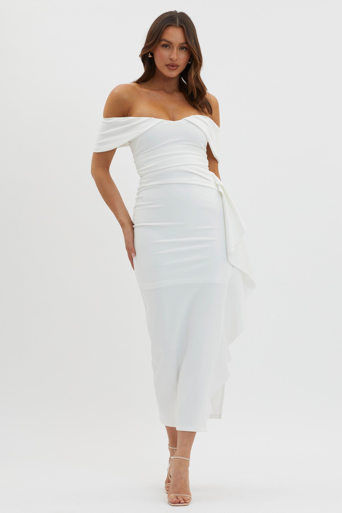 Lillianne Off-Shoulder Side Ruffle Maxi Dress White by Selfie Leslie Australia