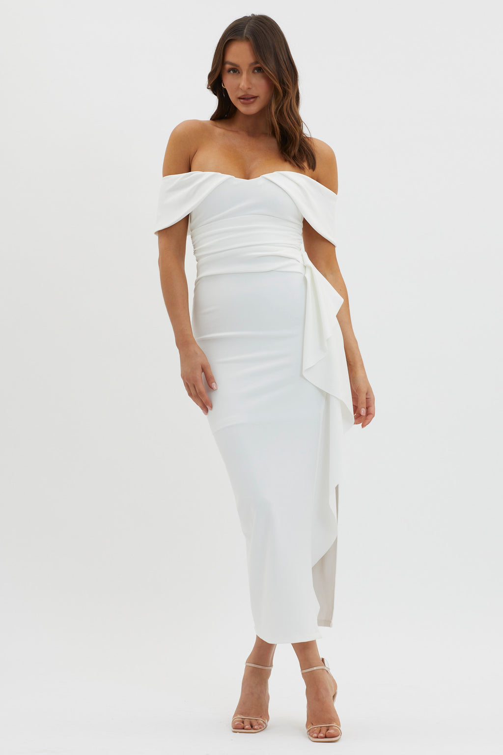 Lillianne Off-Shoulder Side Ruffle Maxi Dress White by Selfie Leslie Australia