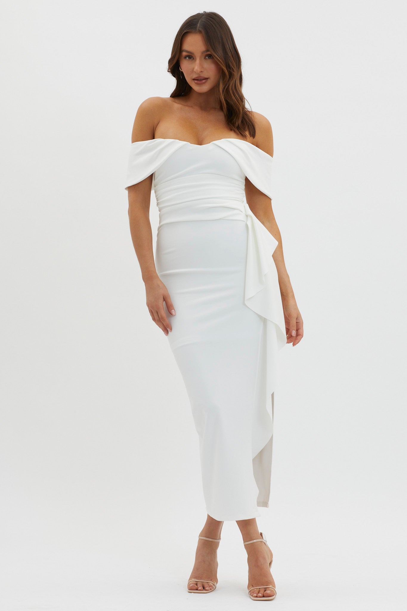 Lillianne Off-Shoulder Side Ruffle Maxi Dress White by Selfie Leslie Australia
