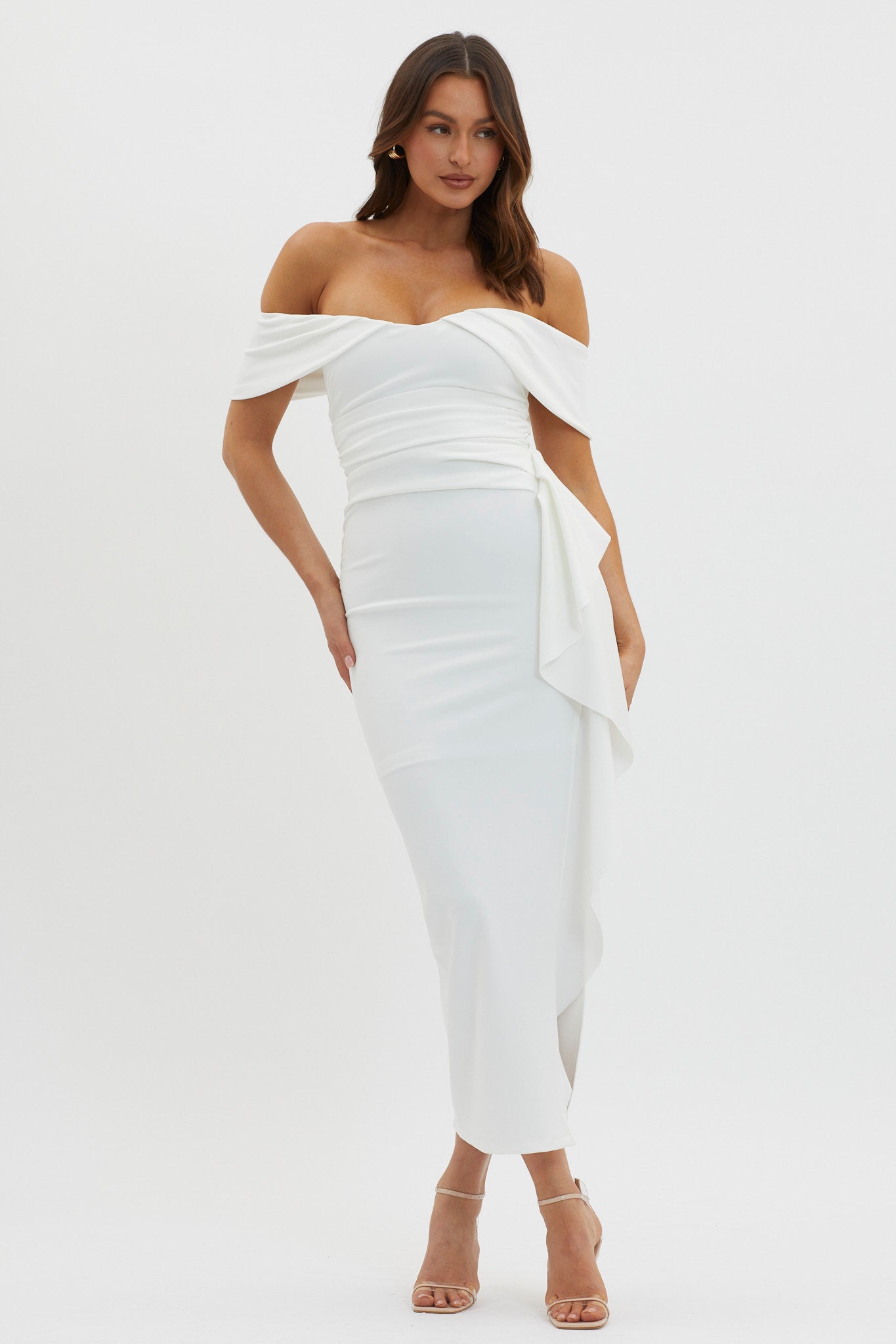 Lillianne Off-Shoulder Side Ruffle Maxi Dress White by Selfie Leslie Australia