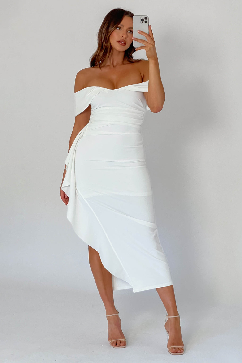 Lillianne Off-Shoulder Side Ruffle Maxi Dress White by Selfie Leslie Australia