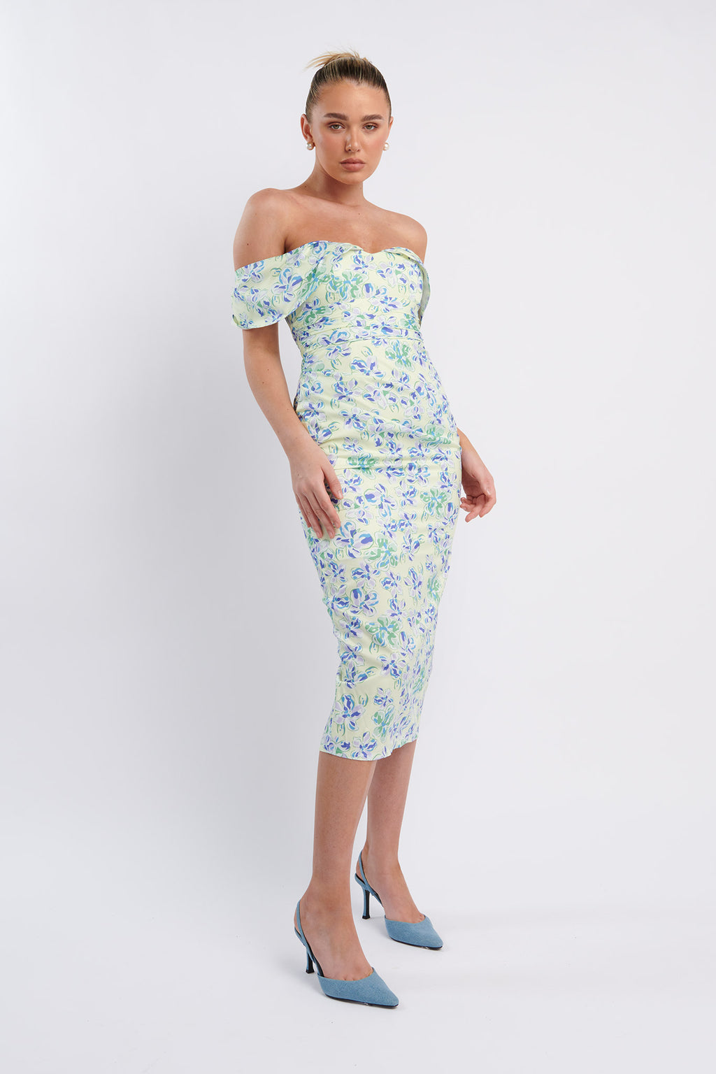Lillianne Off-Shoulder Midi Dress Floral Blue by Selfie Leslie Australia