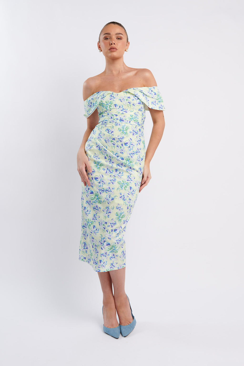 Lillianne Off-Shoulder Midi Dress Floral Blue by Selfie Leslie Australia
