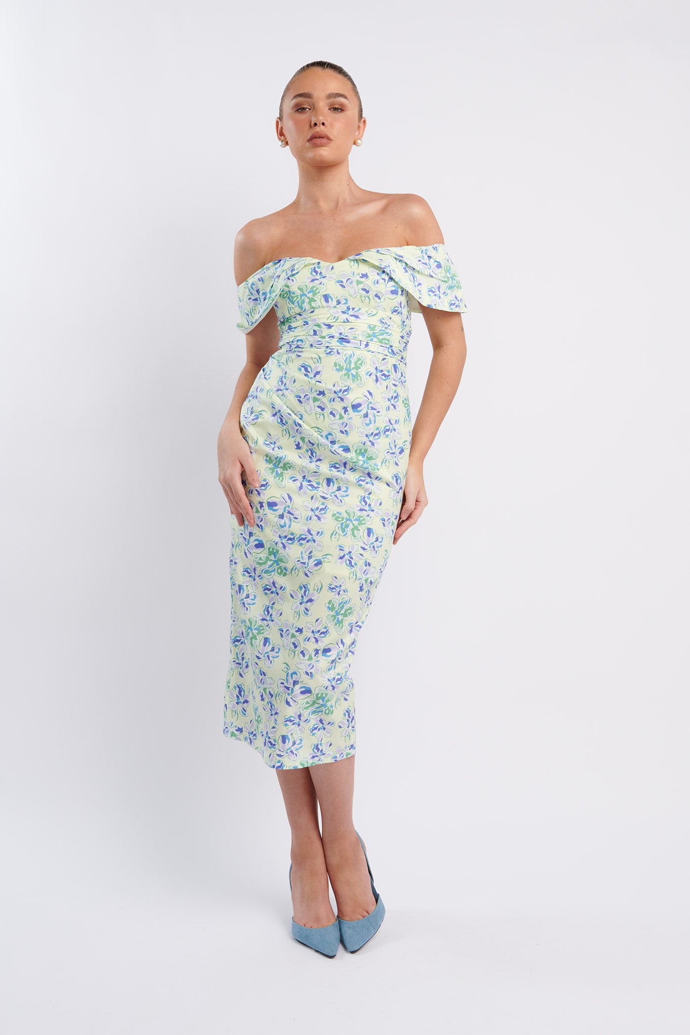 Lillianne Off-Shoulder Midi Dress Floral Blue by Selfie Leslie Australia