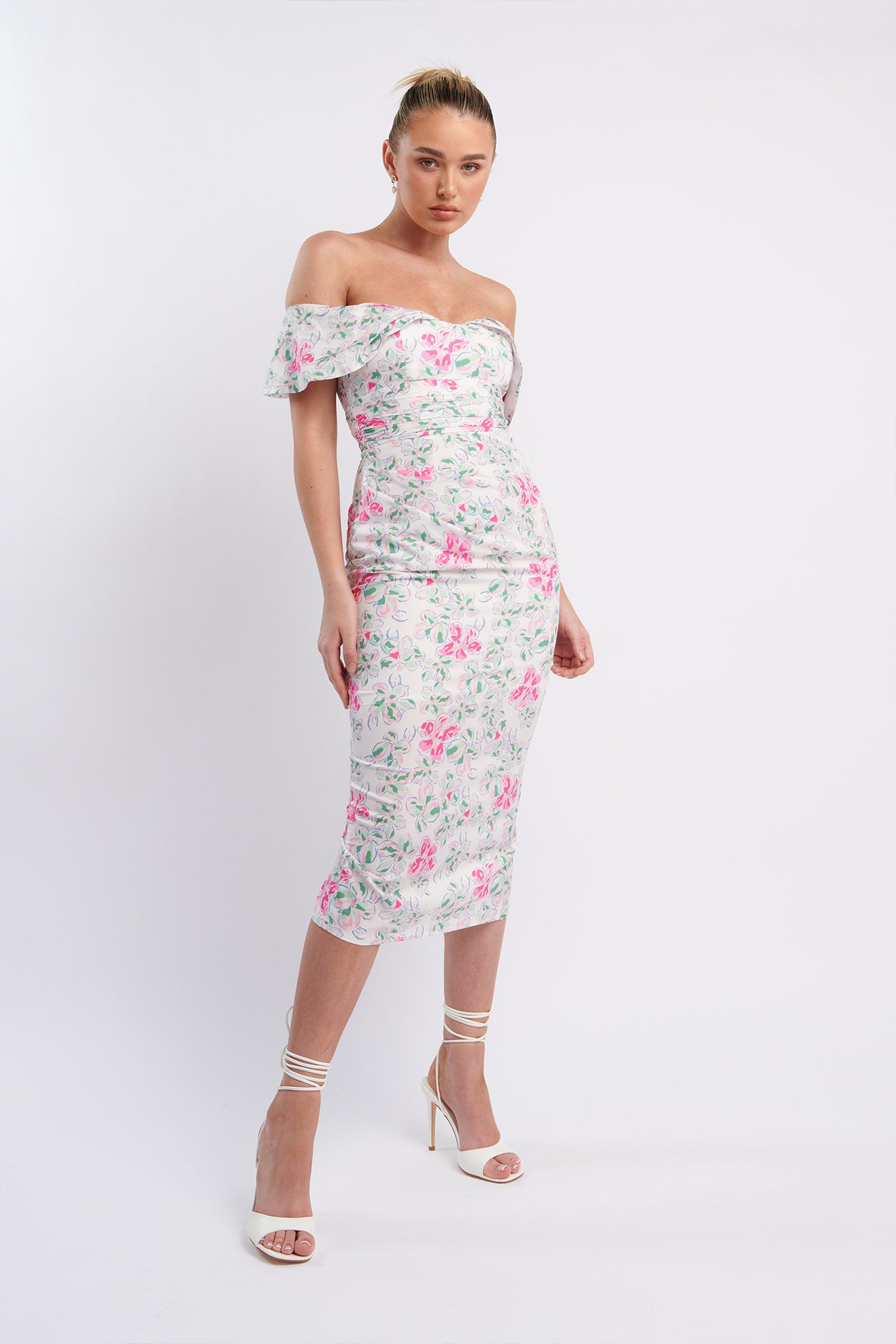 Lillianne Off-Shoulder Midi Dress Floral Pink by Selfie Leslie Australia