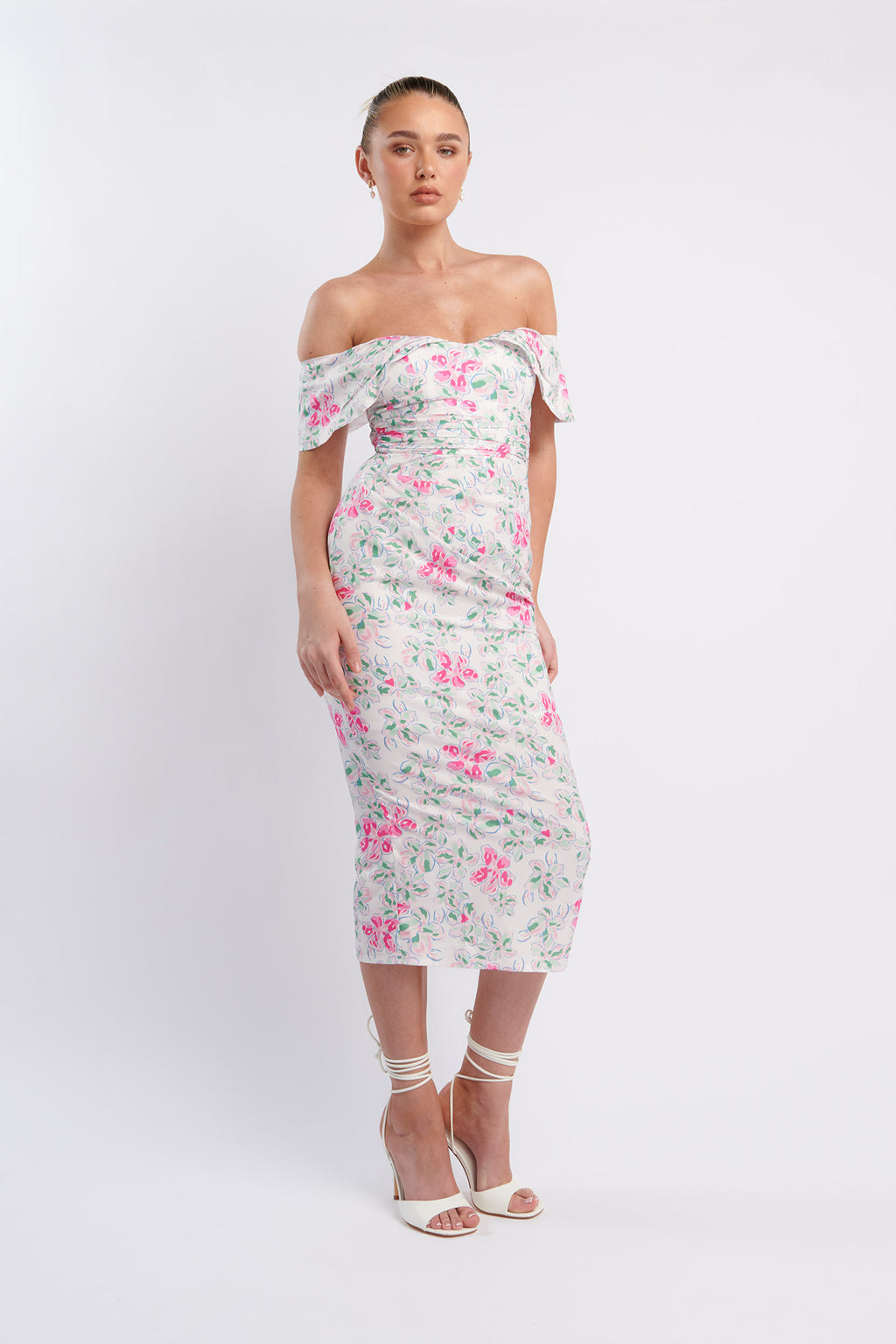 Lillianne Off-Shoulder Midi Dress Floral Pink by Selfie Leslie Australia