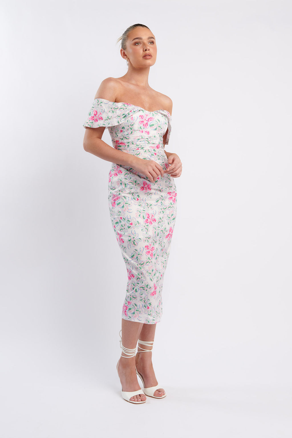 Lillianne Off-Shoulder Midi Dress Floral Pink by Selfie Leslie Australia