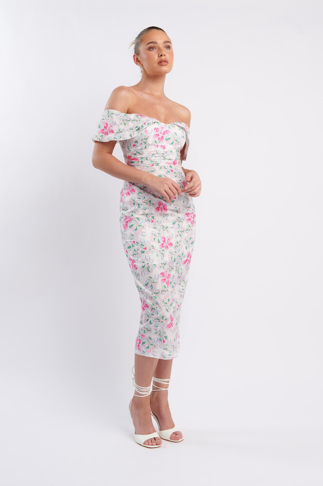 Lillianne Off-Shoulder Midi Dress Floral Pink by Selfie Leslie Australia
