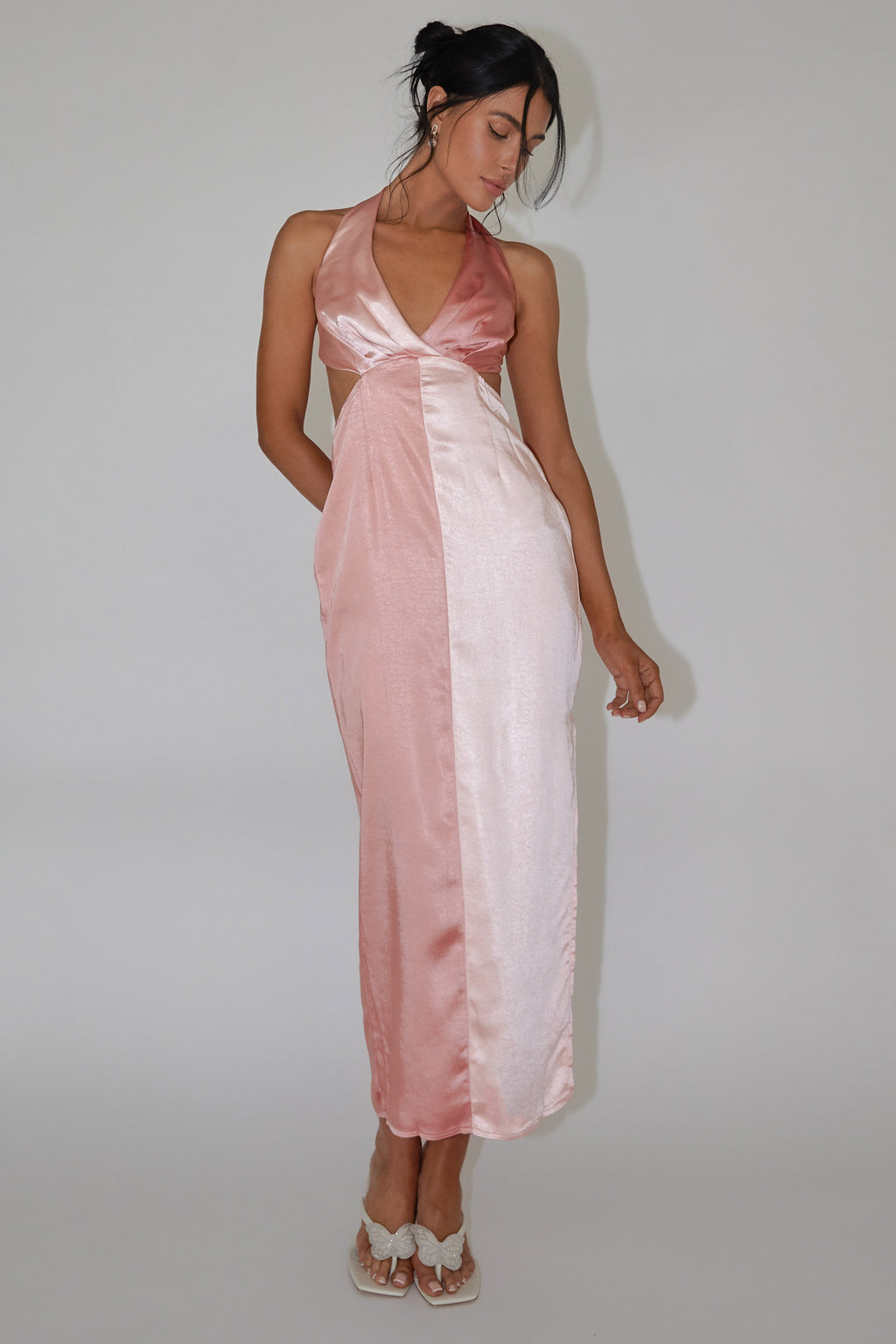 Harlequin Halterneck Satin Maxi Dress Blush by Selfie Leslie Australia