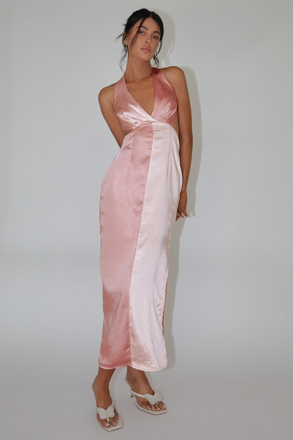 Harlequin Halterneck Satin Maxi Dress Blush by Selfie Leslie Australia