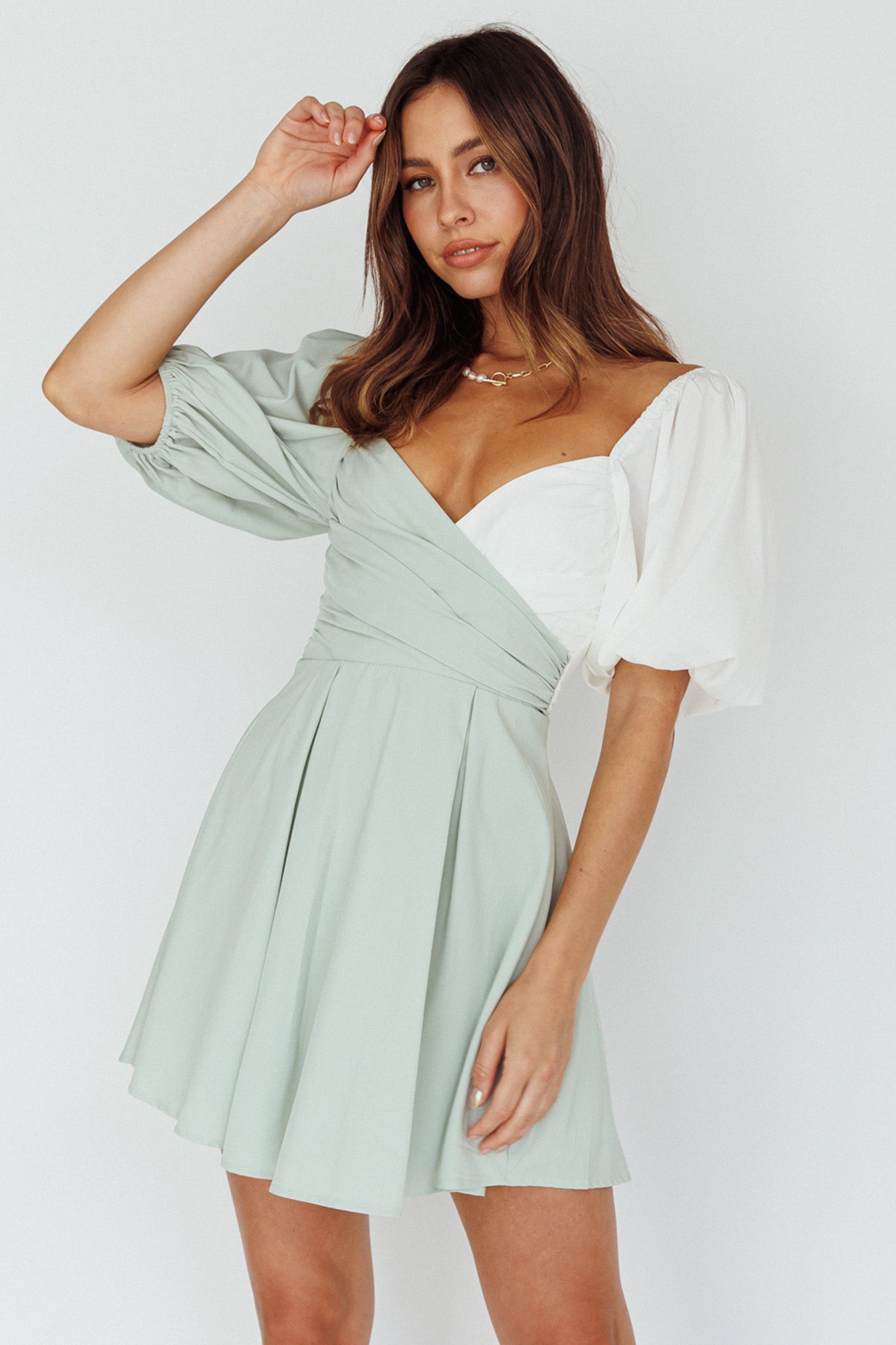 Melie Puff Sleeve Mini Dress Pistachio/White by Selfie Leslie Australia