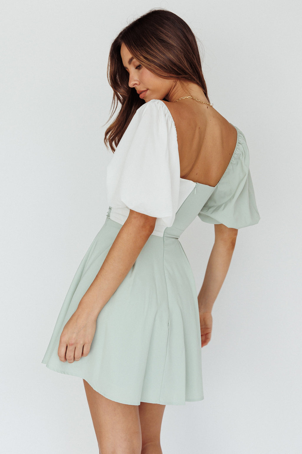Melie Puff Sleeve Mini Dress Pistachio/White by Selfie Leslie Australia