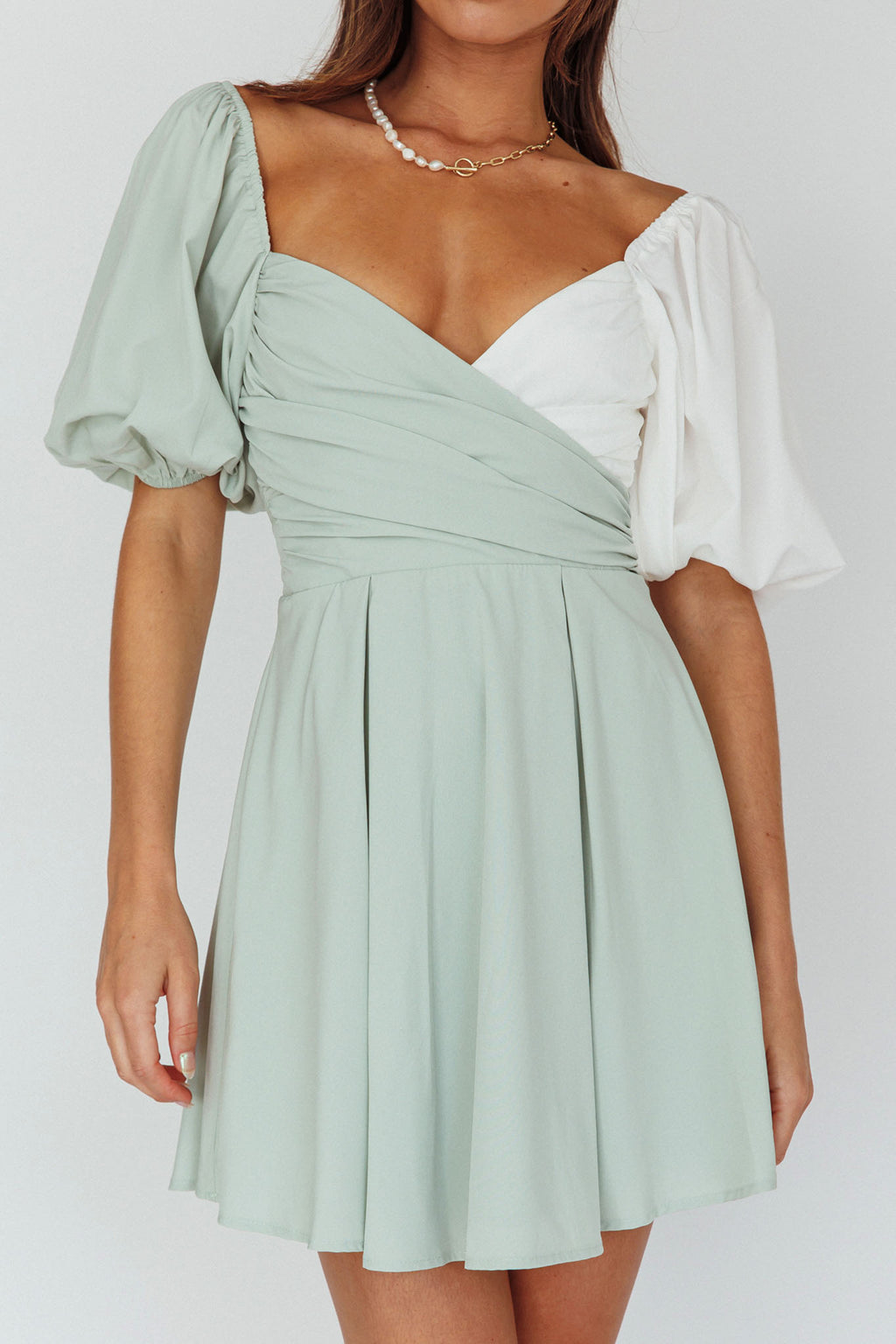 Melie Puff Sleeve Mini Dress Pistachio/White by Selfie Leslie Australia