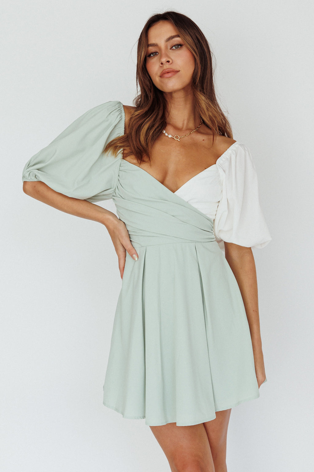 Melie Puff Sleeve Mini Dress Pistachio/White by Selfie Leslie Australia