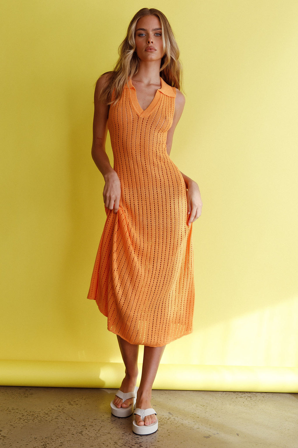 Palm Island Collared Crochet Midi Dress Mango by Selfie Leslie Australia