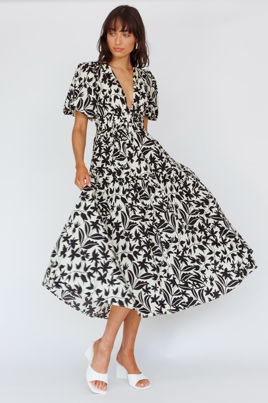 Summer Land V-Neckline Midi Dress Floral Beige by Selfie Leslie Australia