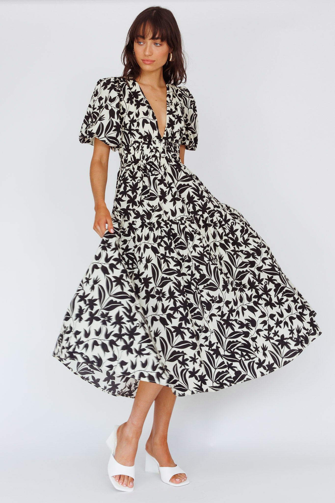 Summer Land V-Neckline Midi Dress Floral Beige by Selfie Leslie Australia