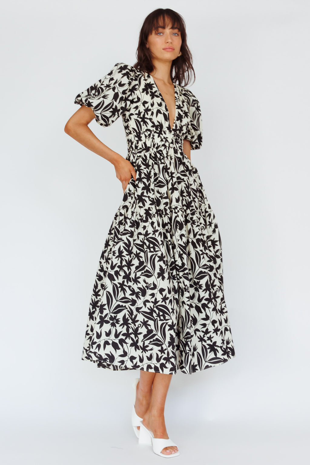 Summer Land V-Neckline Midi Dress Floral Beige by Selfie Leslie Australia
