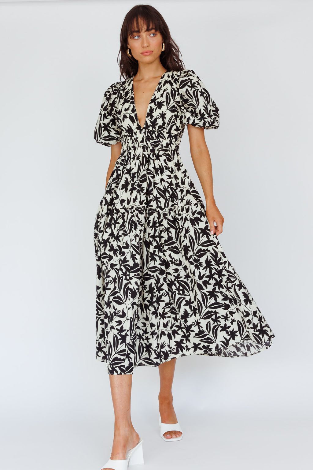 Summer Land V-Neckline Midi Dress Floral Beige by Selfie Leslie Australia