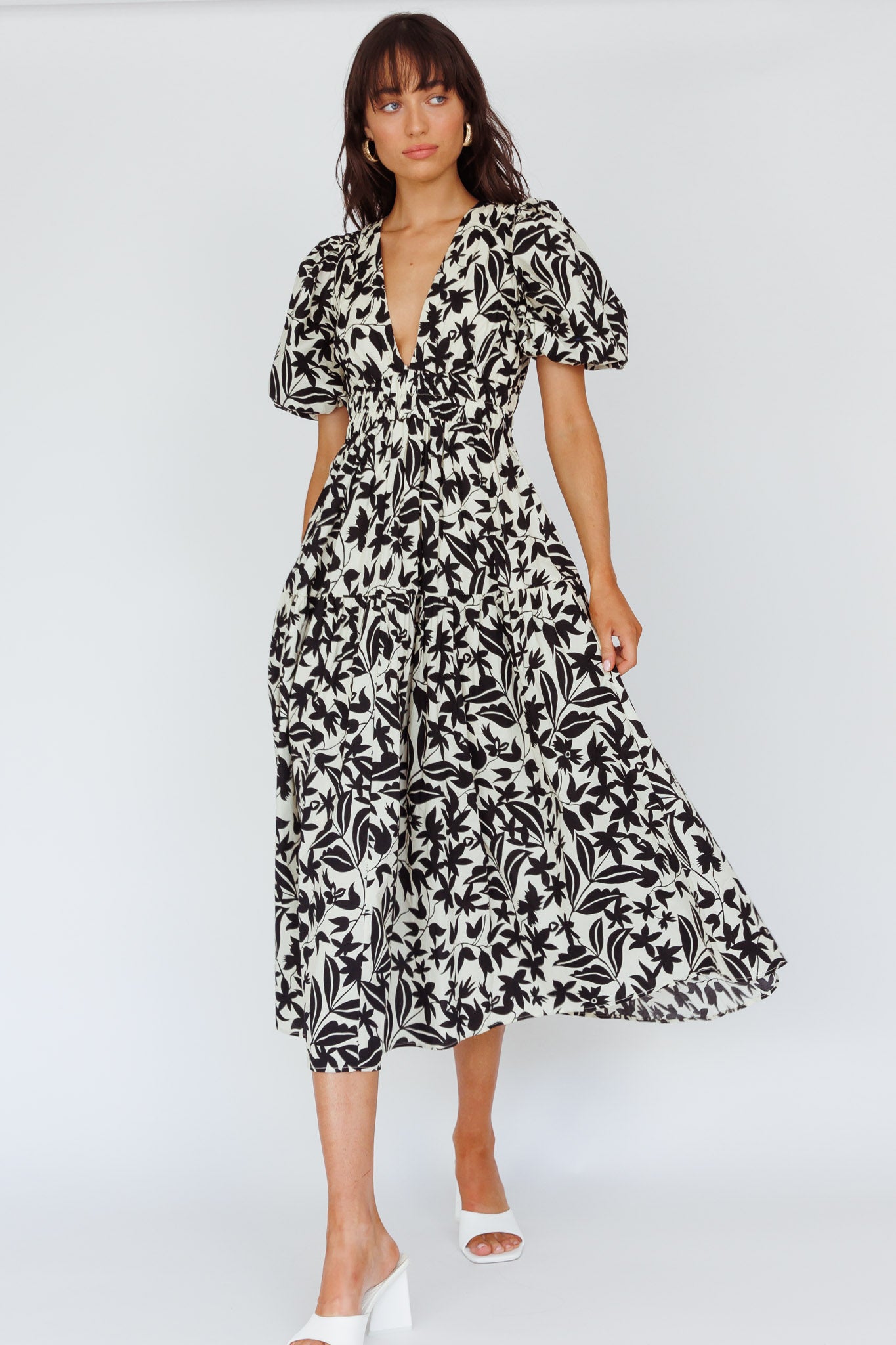 Summer Land V-Neckline Midi Dress Floral Beige by Selfie Leslie Australia