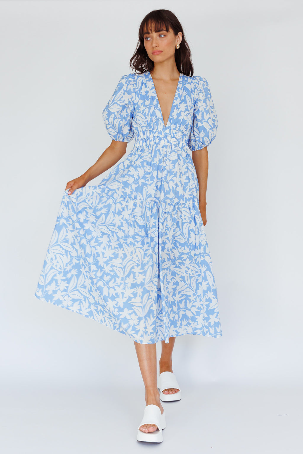 Summer Land V-Neckline Midi Dress Floral Blue by Selfie Leslie Australia