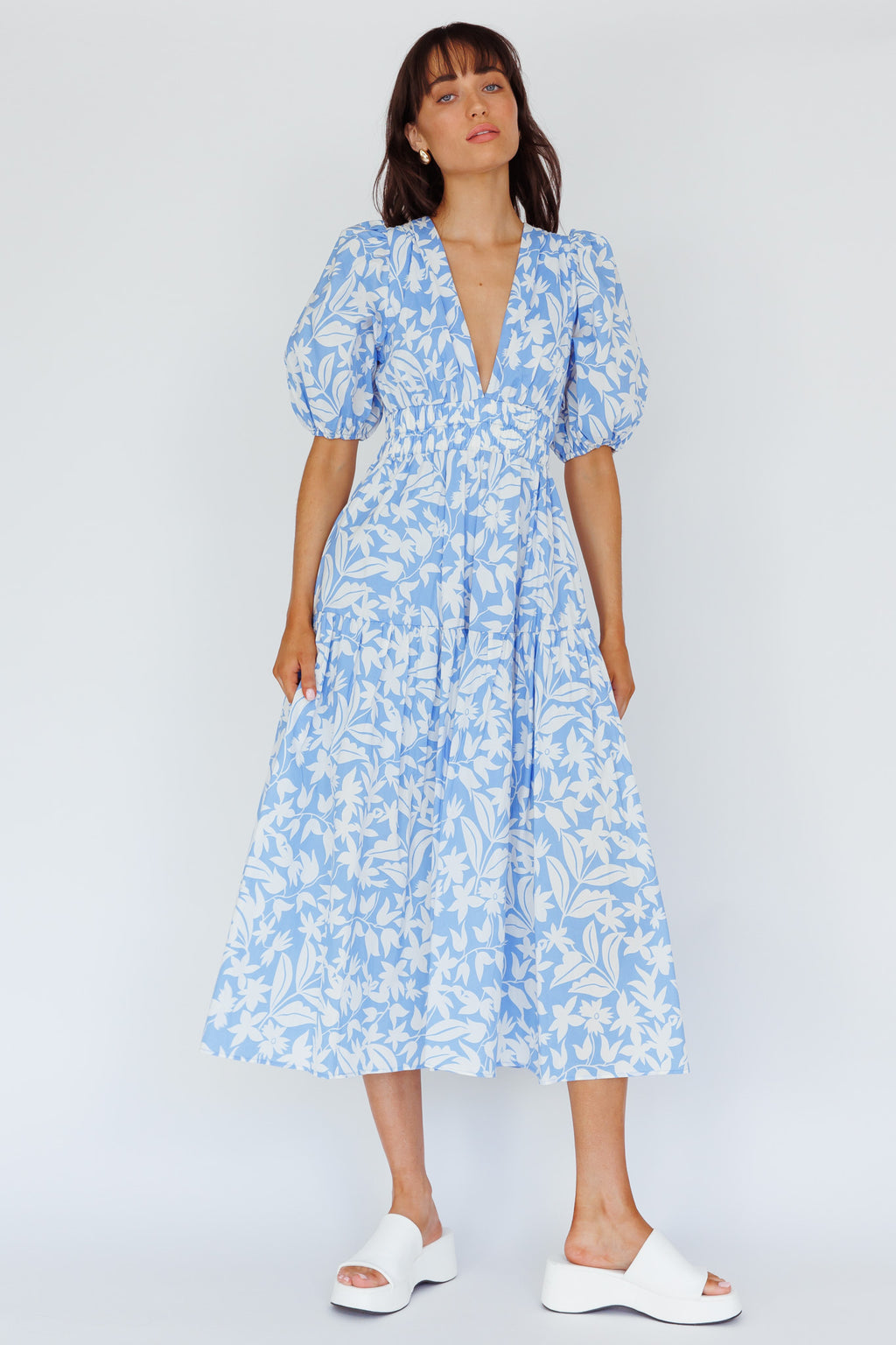 Summer Land V-Neckline Midi Dress Floral Blue by Selfie Leslie Australia