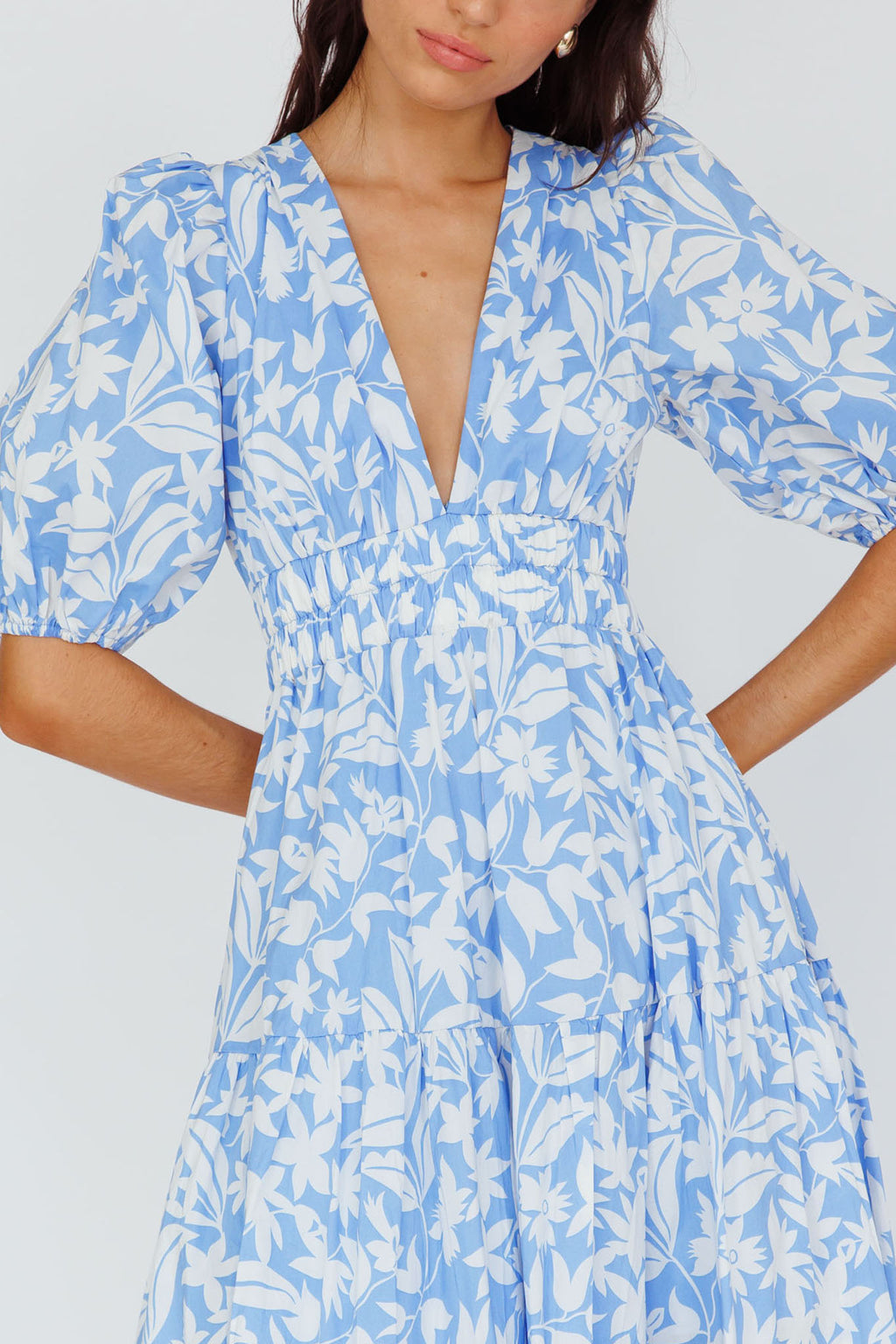 Summer Land V-Neckline Midi Dress Floral Blue by Selfie Leslie Australia