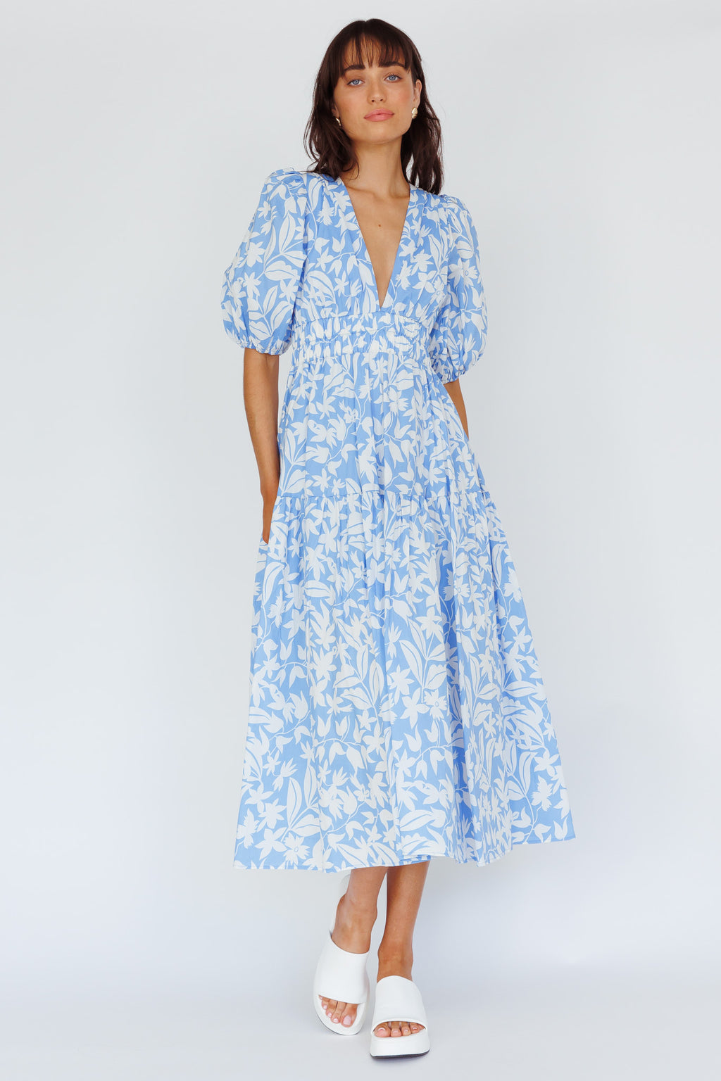 Summer Land V-Neckline Midi Dress Floral Blue by Selfie Leslie Australia