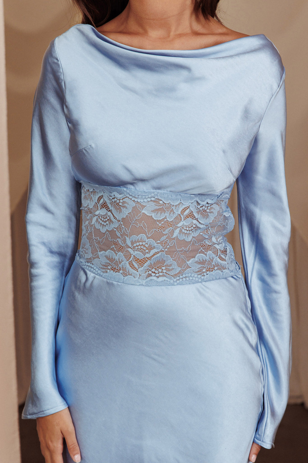 Loveland Lace Insert Cowl Back Dress Blue by Selfie Leslie Australia