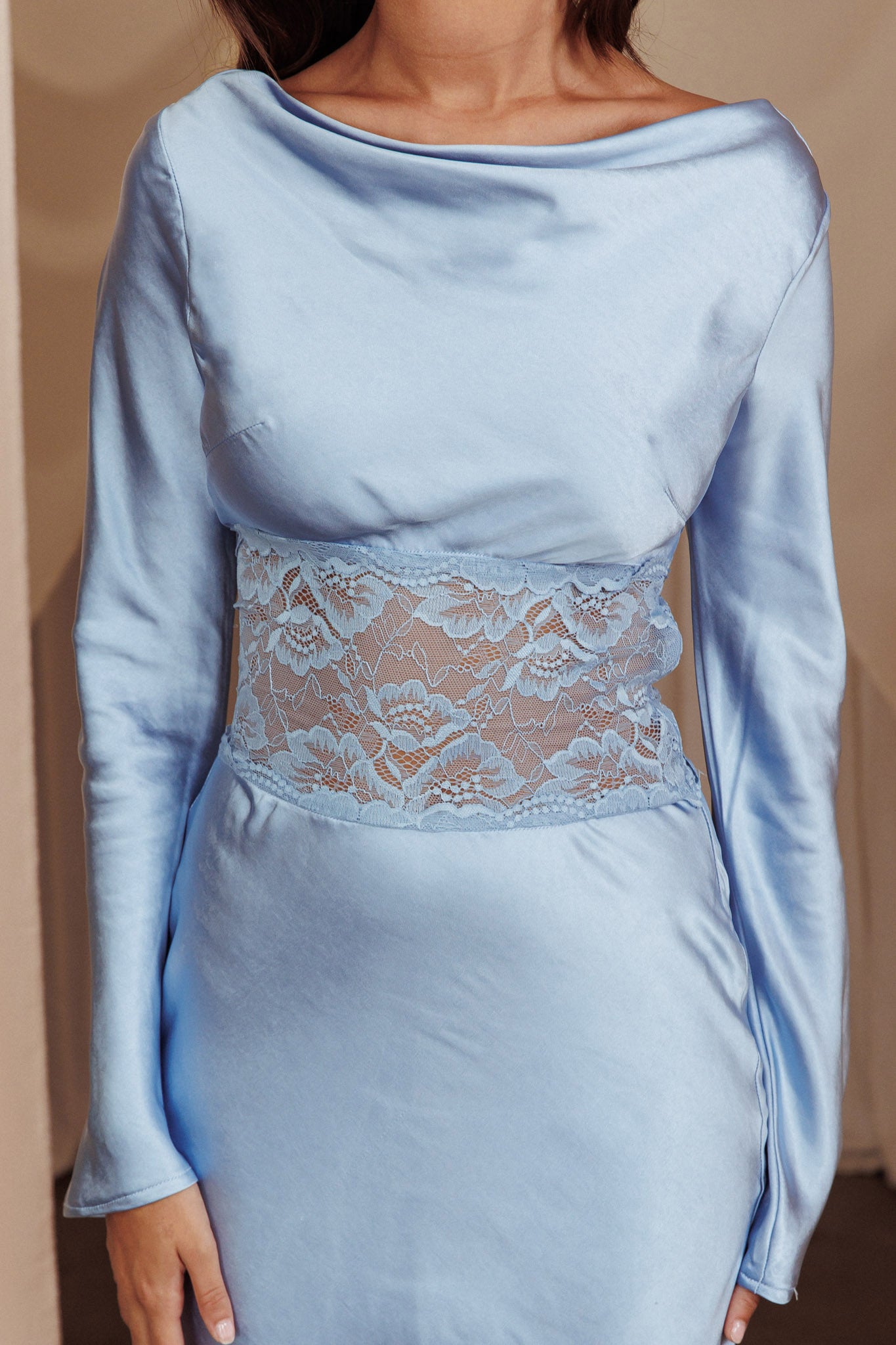 Loveland Lace Insert Cowl Back Dress Blue by Selfie Leslie Australia