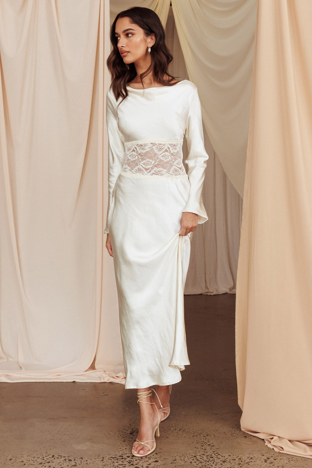 Loveland Lace Insert Cowl Back Dress Oyster by Selfie Leslie Australia