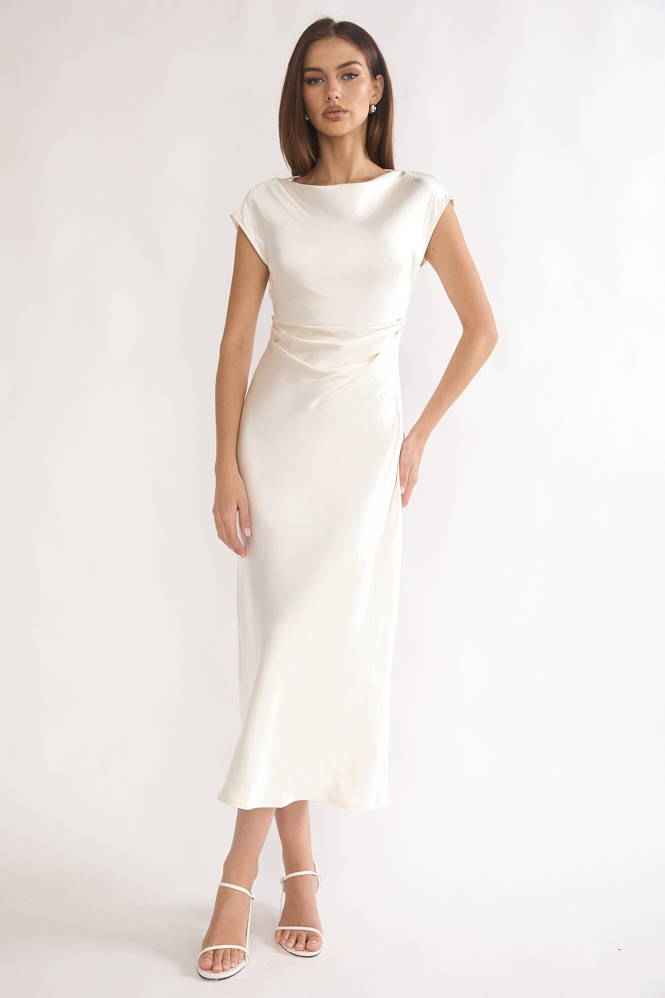 Loveland Pleat Cowl Back Midi Dress Oyster by Selfie Leslie Australia