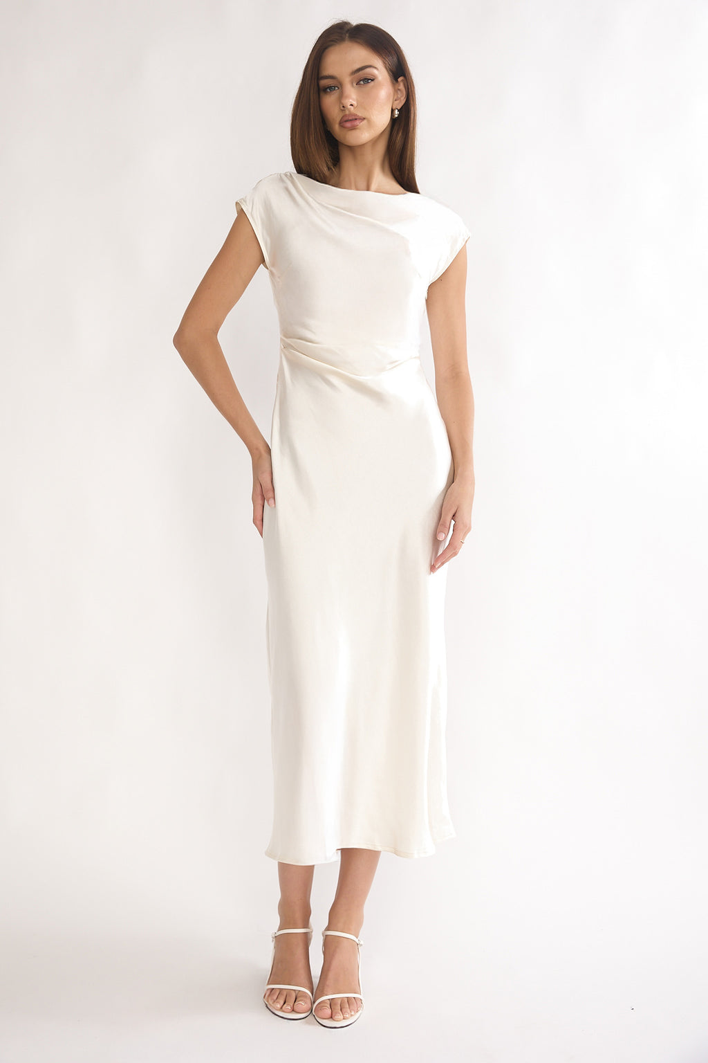 Loveland Pleat Cowl Back Midi Dress Oyster by Selfie Leslie Australia