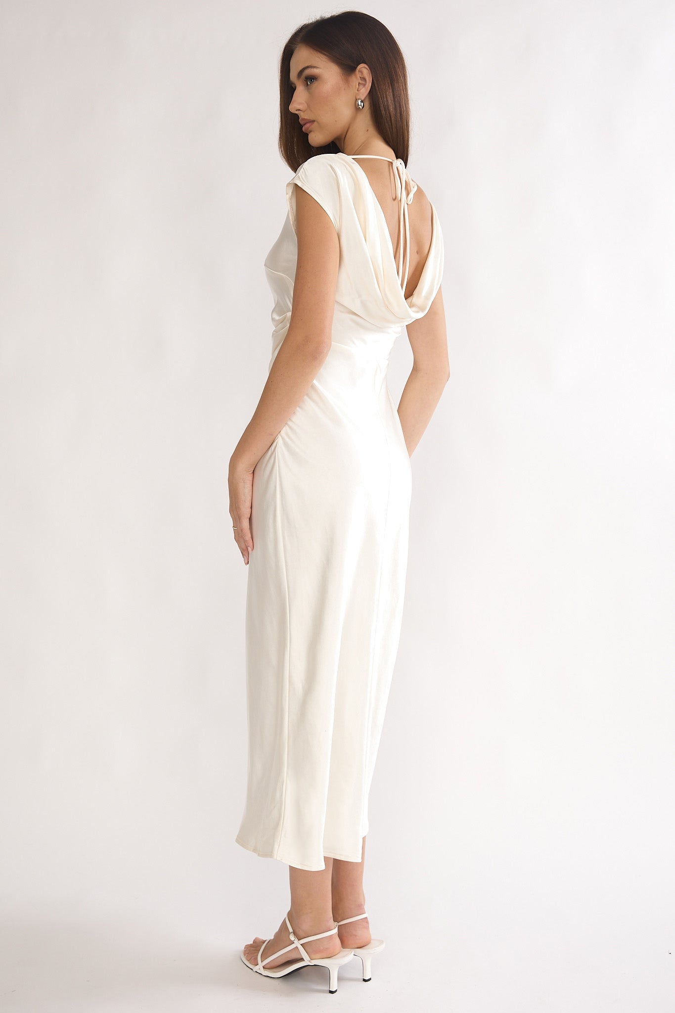 Loveland Pleat Cowl Back Midi Dress Oyster by Selfie Leslie Australia