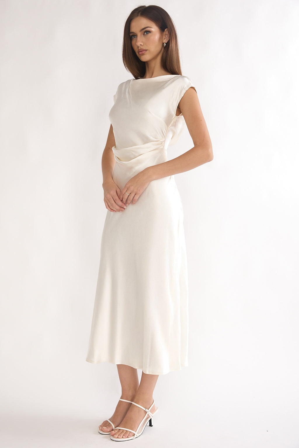Loveland Pleat Cowl Back Midi Dress Oyster by Selfie Leslie Australia
