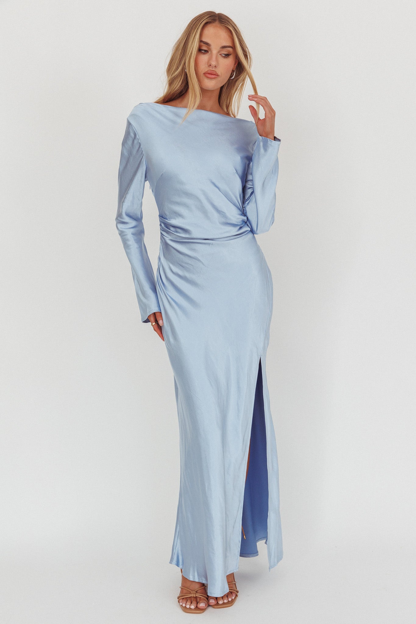 Loveland Long Sleeve Cowl Back Maxi Dress Blue by Selfie Leslie Australia
