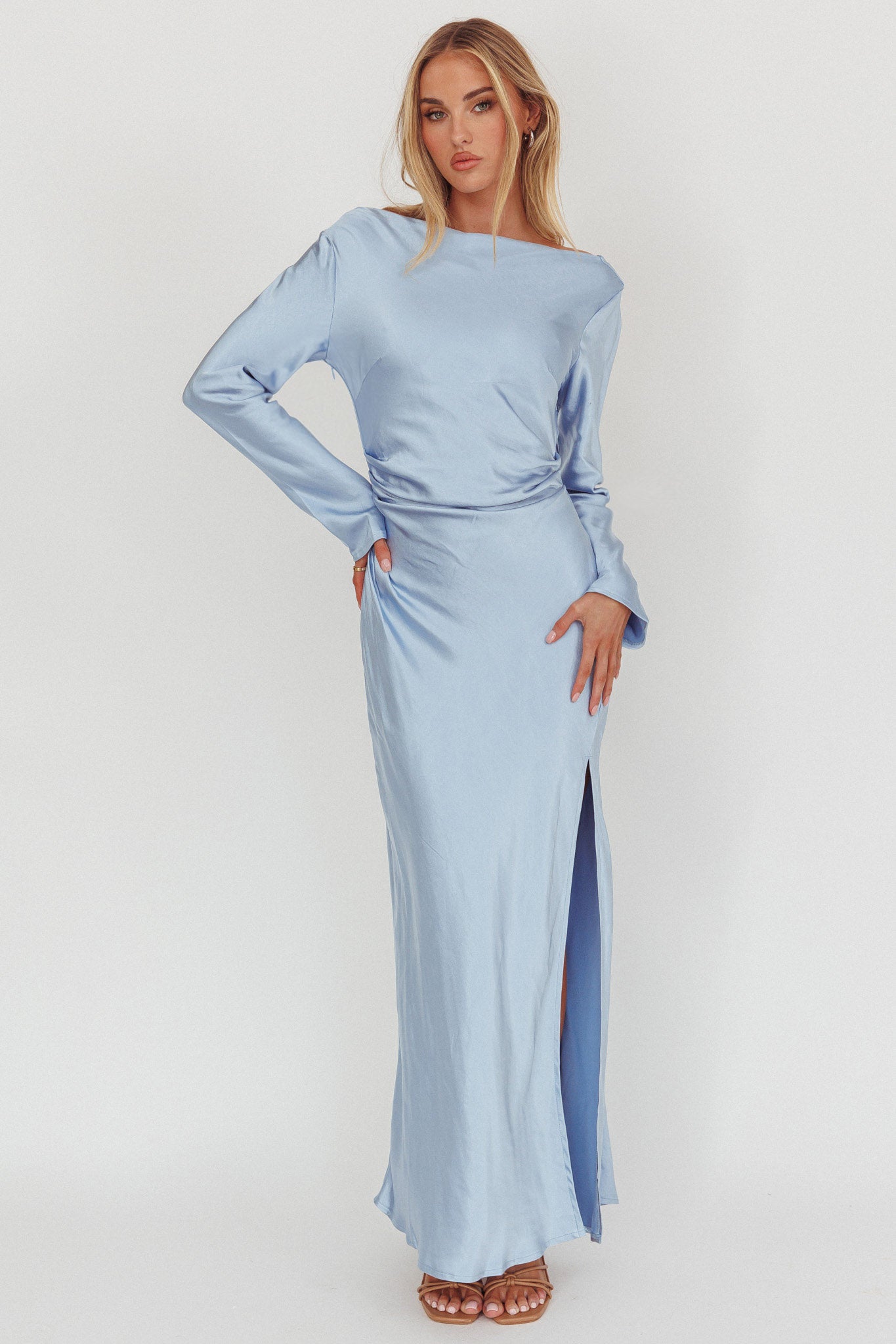 Loveland Long Sleeve Cowl Back Maxi Dress Blue by Selfie Leslie Australia