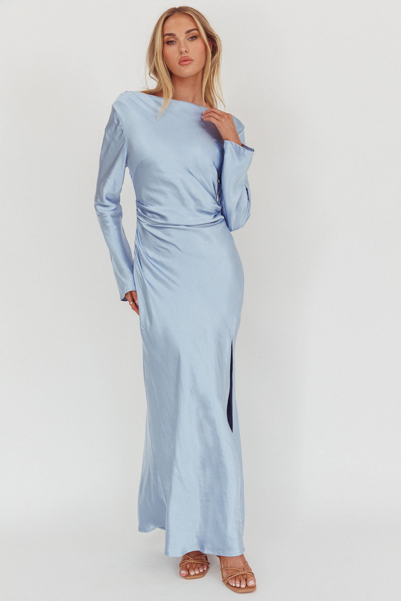 Loveland Long Sleeve Cowl Back Maxi Dress Blue by Selfie Leslie Australia
