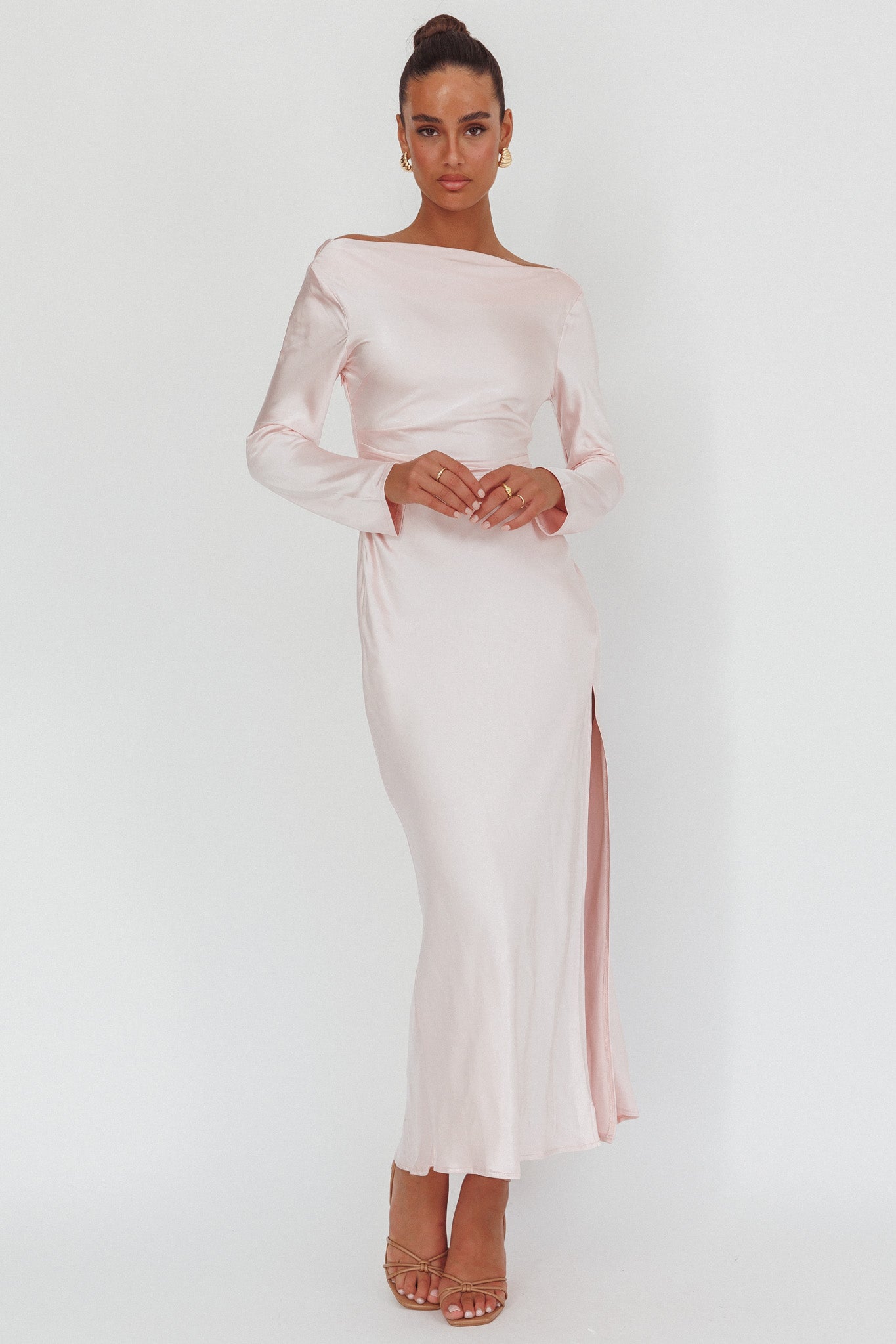 Loveland Long Sleeve Cowl Back Maxi Dress Pink by Selfie Leslie Australia