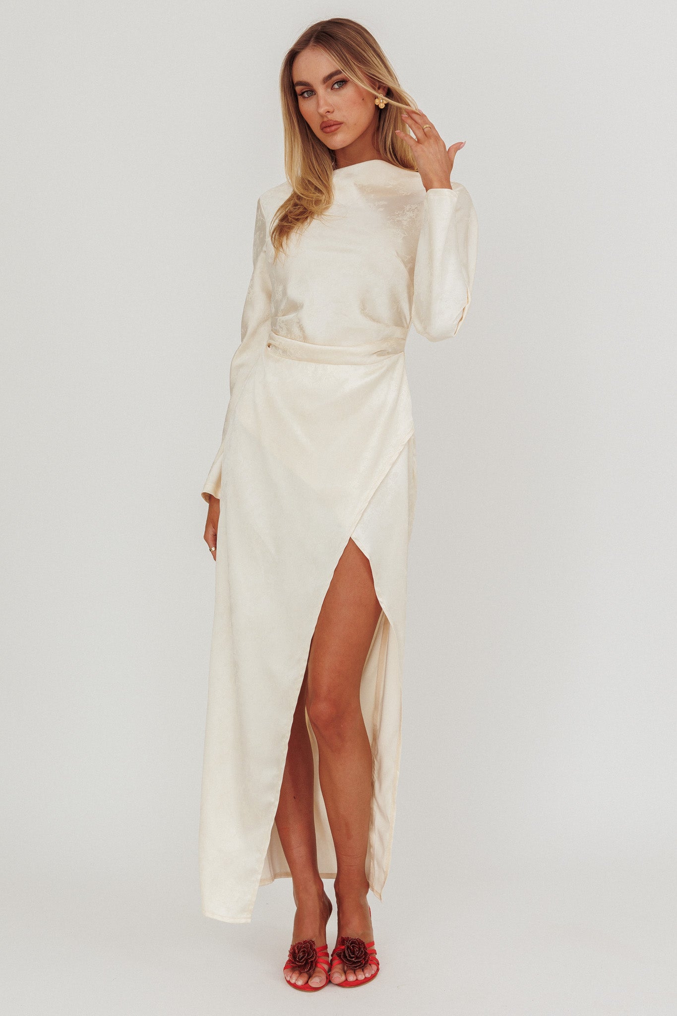 Loveland Long Sleeve Cowl Back Maxi Dress Beige by Selfie Leslie Australia