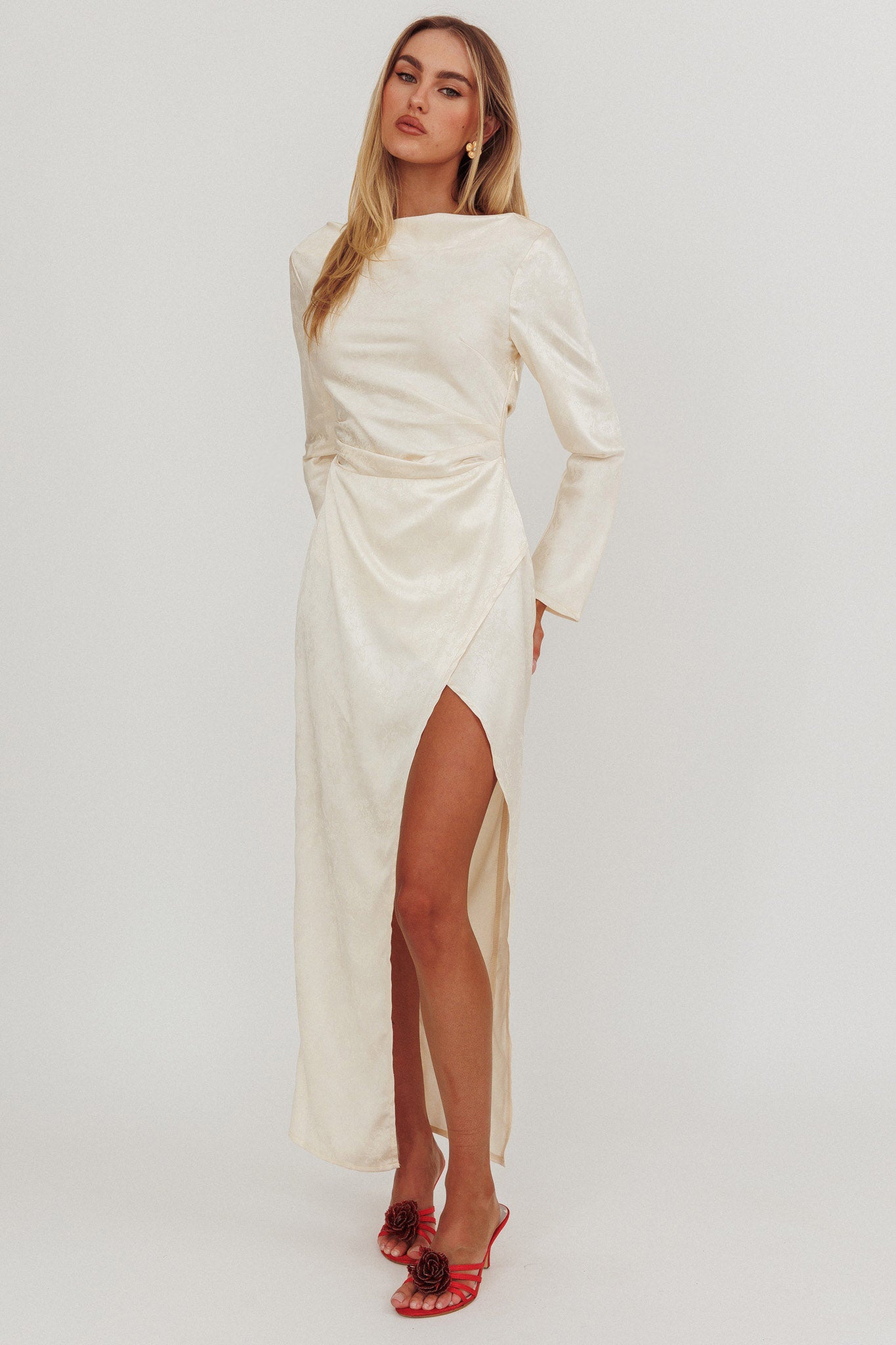 Loveland Long Sleeve Cowl Back Maxi Dress Beige by Selfie Leslie Australia
