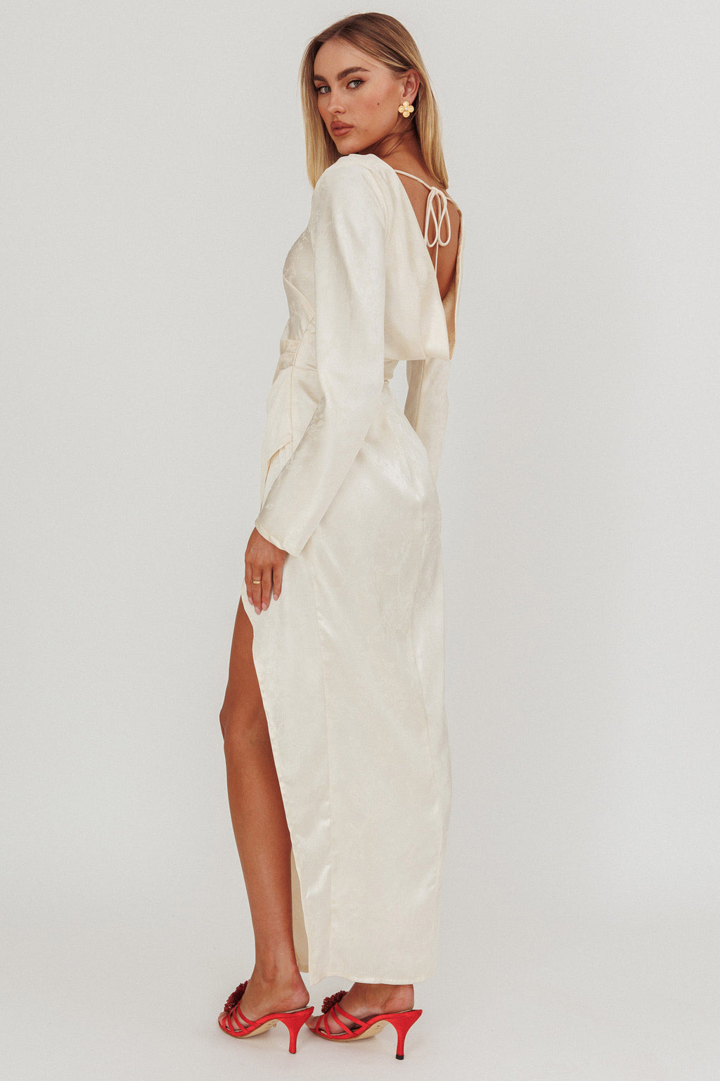 Loveland Long Sleeve Cowl Back Maxi Dress Beige by Selfie Leslie Australia