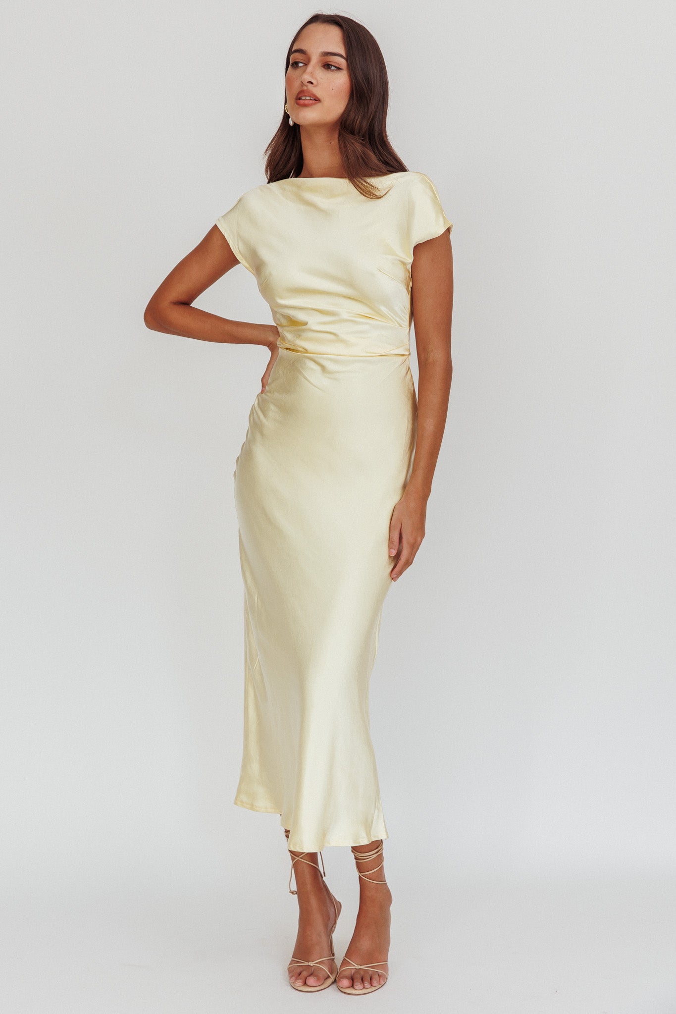Shop the Loveland Cap Sleeve Cowl Back Midi Dress Butter