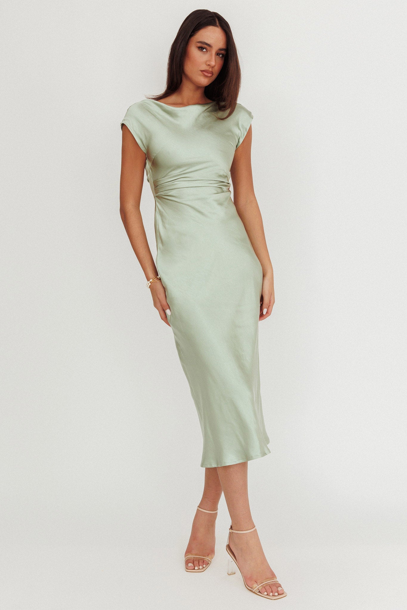 Loveland Cap Sleeve Cowl Back Midi Dress Sage by Selfie Leslie Australia