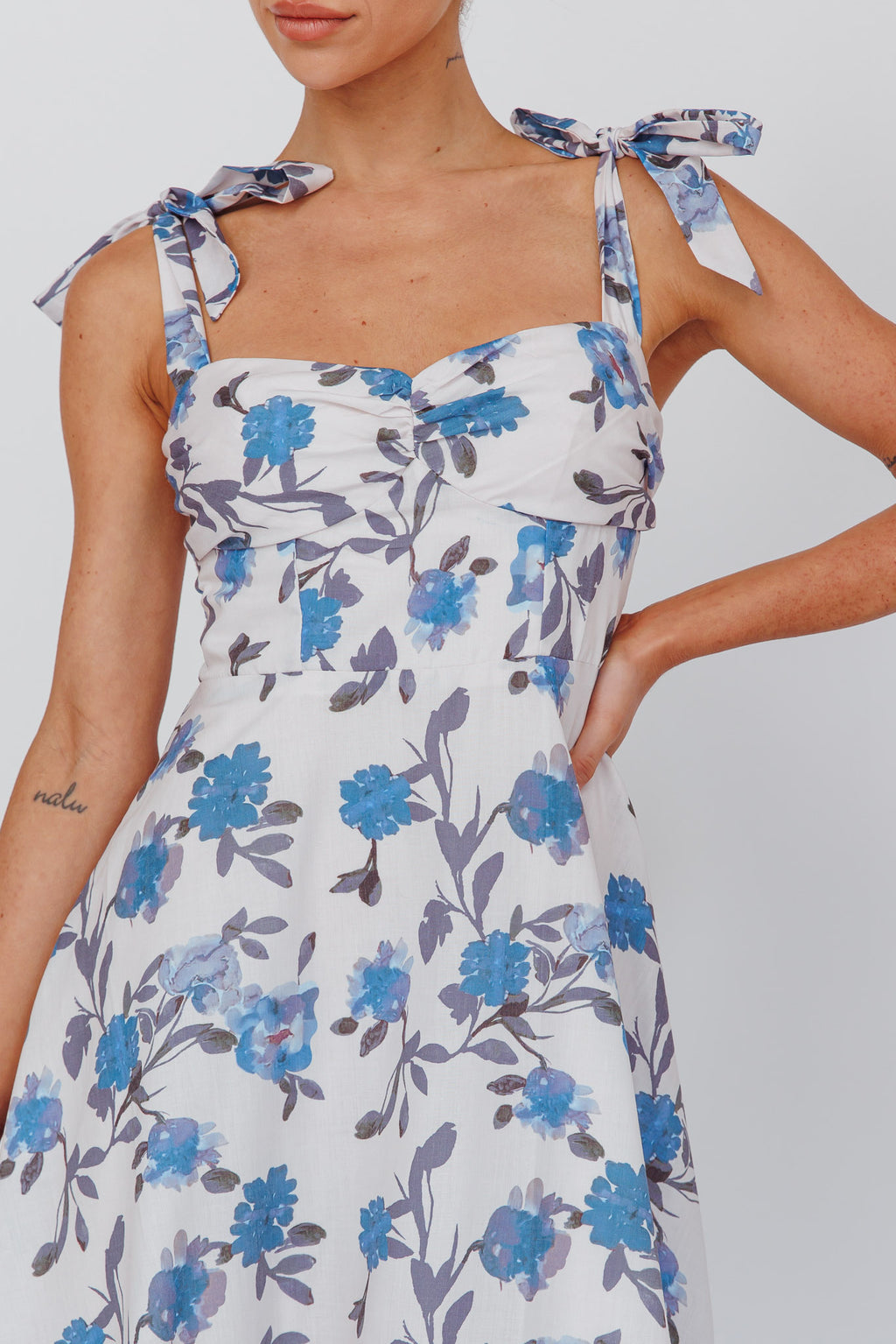 Sweet Pea Tied Bust Midi Dress Flower Blue by Selfie Leslie Australia