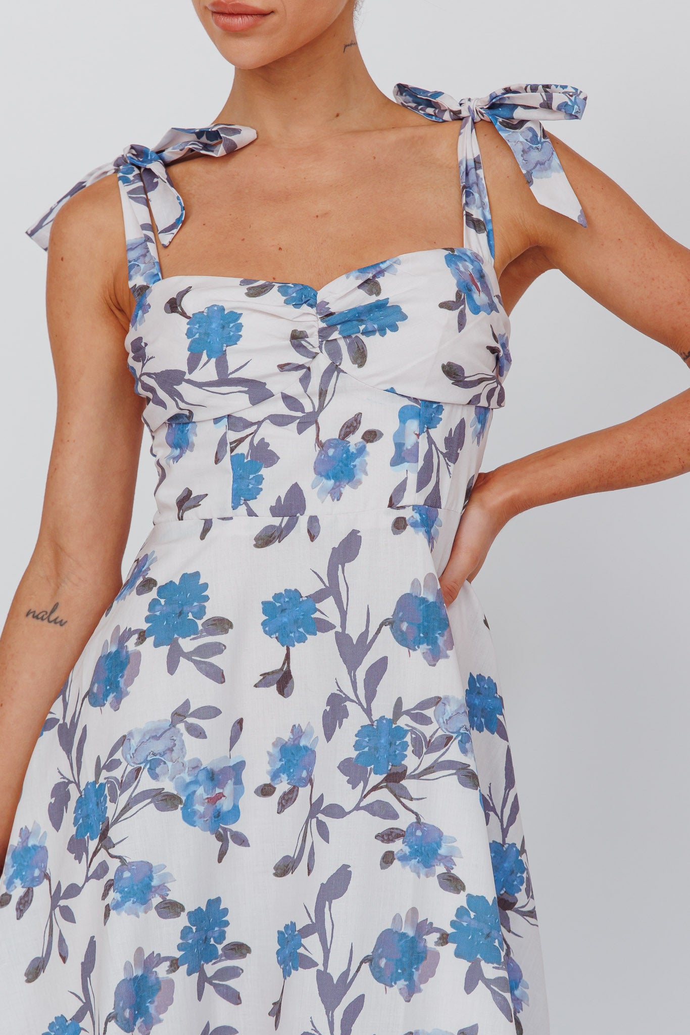 Sweet Pea Tied Bust Midi Dress Flower Blue by Selfie Leslie Australia