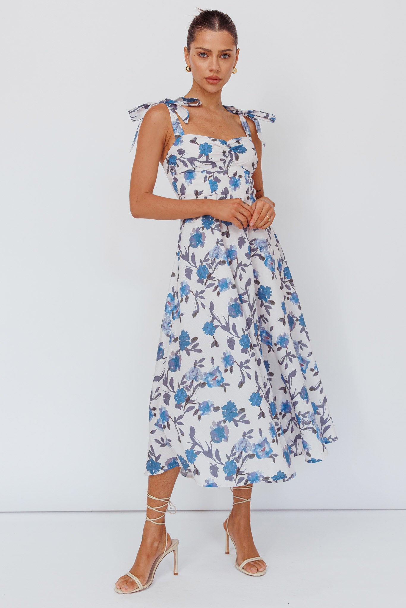 Sweet Pea Tied Bust Midi Dress Flower Blue by Selfie Leslie Australia