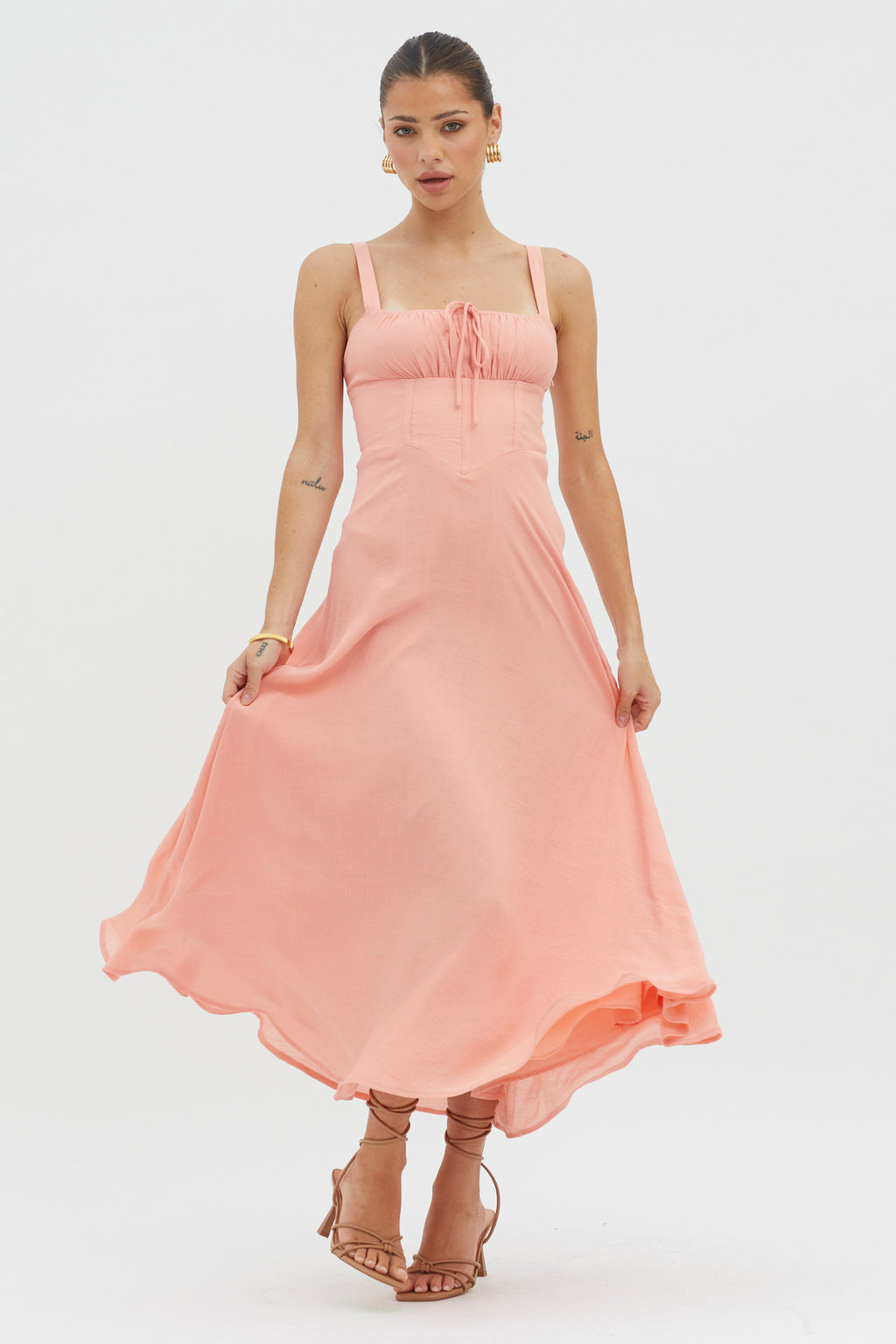 Sweet Pea Tied Bust A-Line Midi Dress Peach by Selfie Leslie Australia