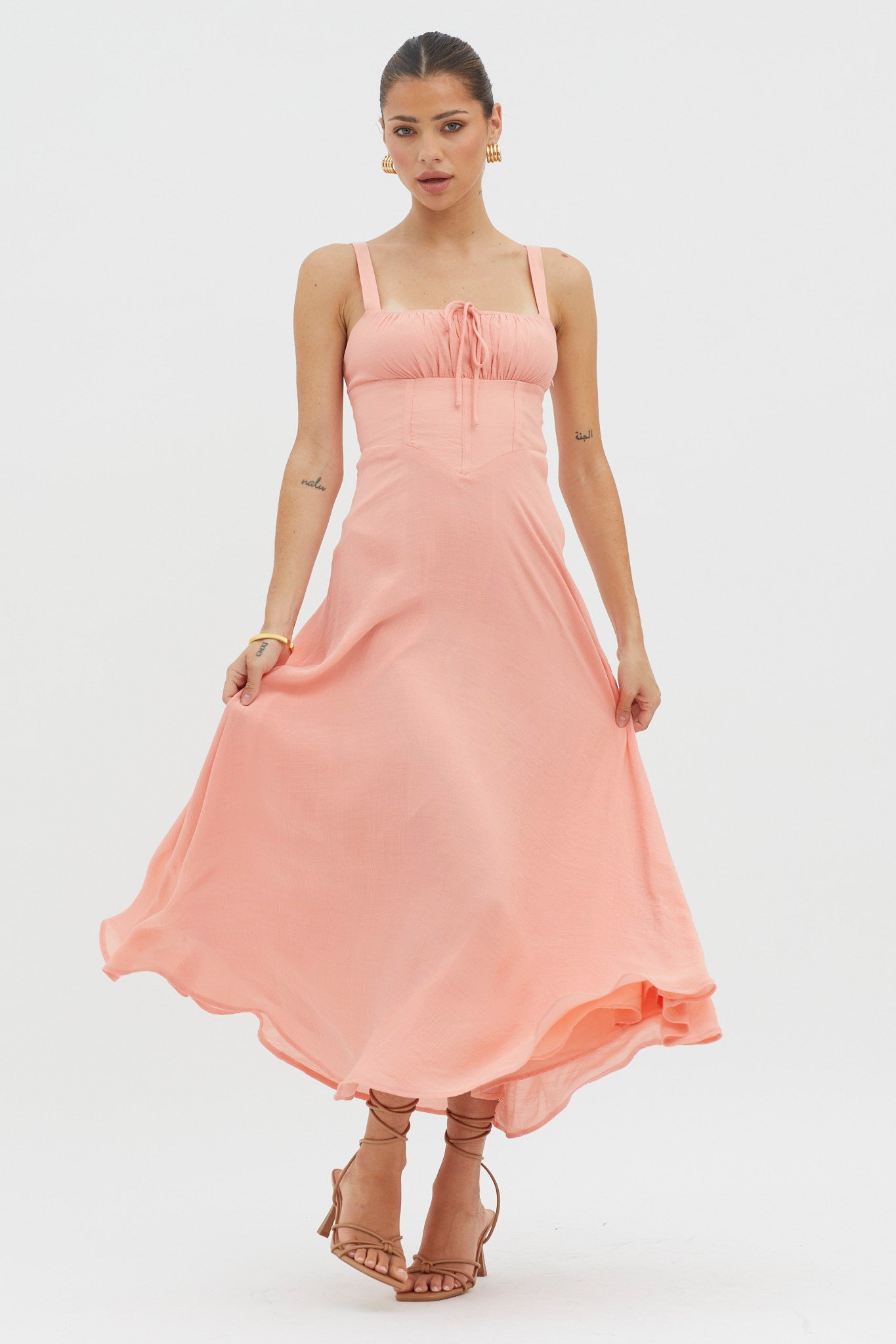 Sweet Pea Tied Bust A-Line Midi Dress Peach by Selfie Leslie Australia